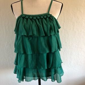 Anthropologie Hazel-Green ruffle blouse w/Pom Pom